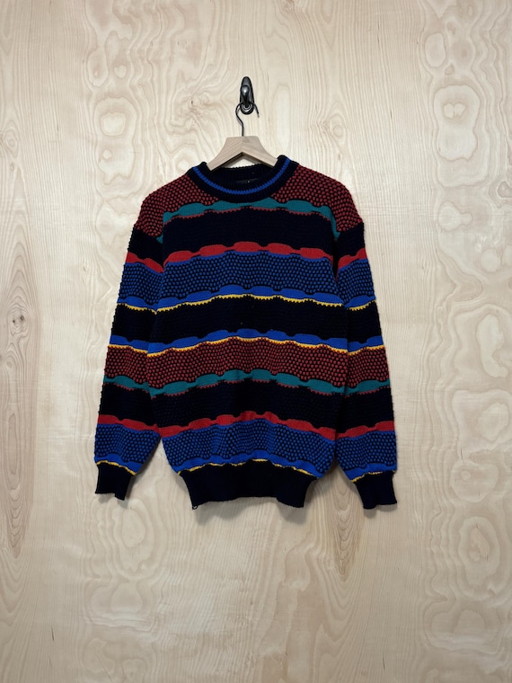 Buy Vintage 90s Bolt Black Multi Color 3D Stripe Acrylic Crewneck 