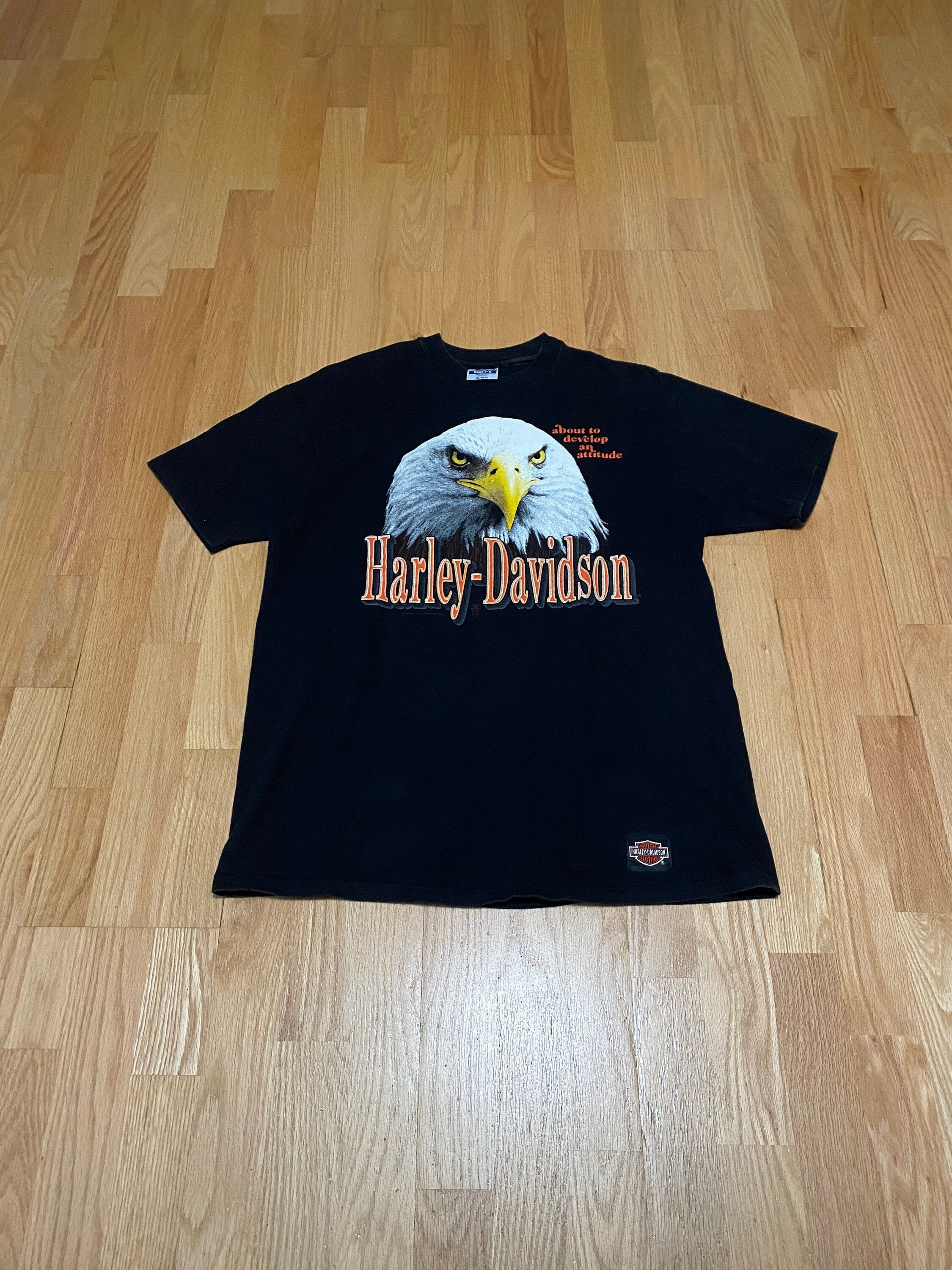 Vintage 90s Harley Davidson About To Develope An Attitude Bald Eagle Double Sided Black Cotton T Shirt size XL