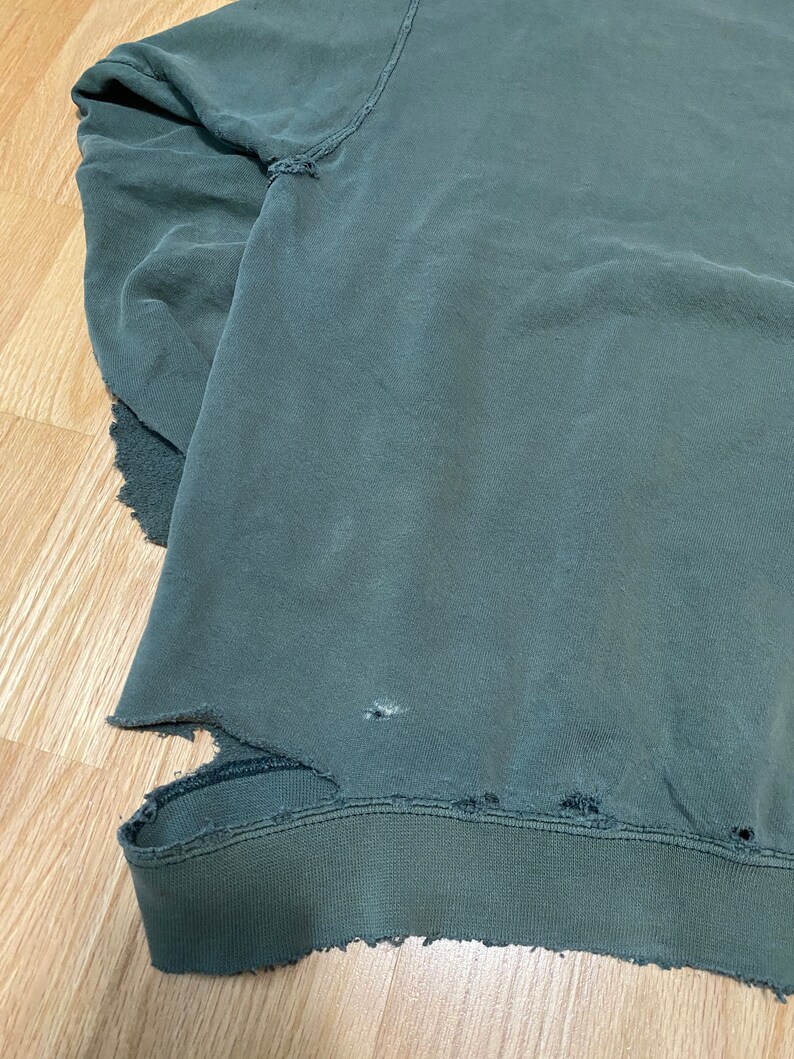 May include: A dark green sweatshirt with a distressed look. The sweatshirt has several small holes and frayed edges.