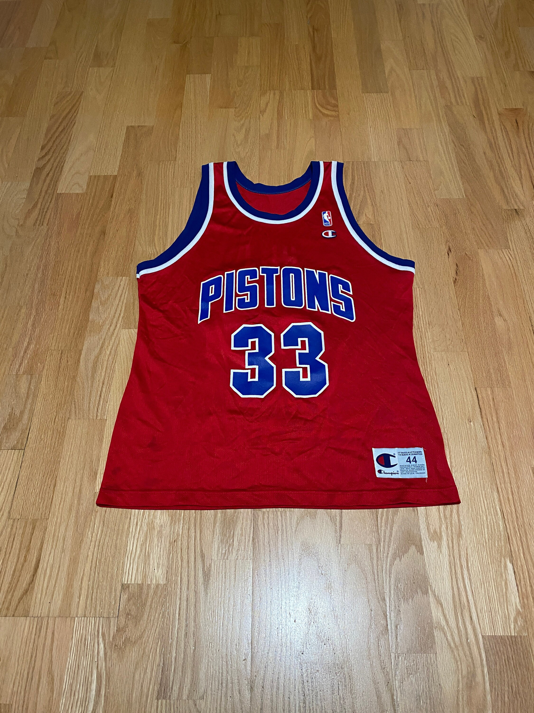 VINTAGE CHAMPION NBA DETROIT PISTONS HILL #33 JERSEY 1990s SIZE 44 MADE IN  USA