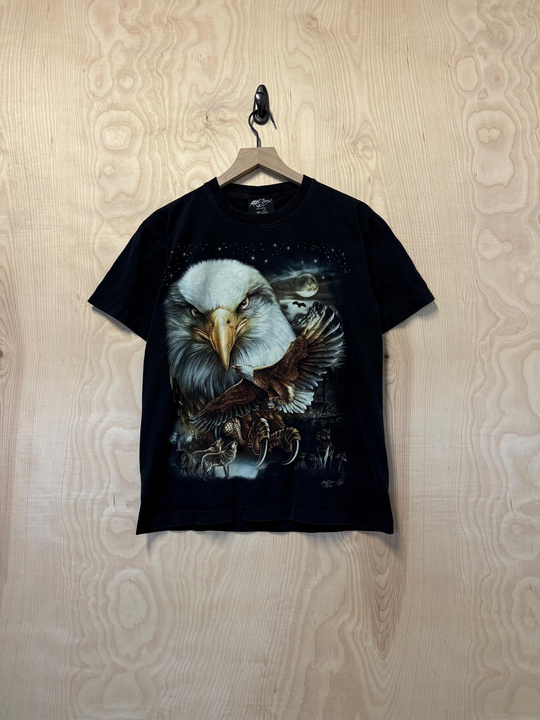 Vintage Y2K Rock Chang Bald Eagle Wolves Art Double Sided Graphic 