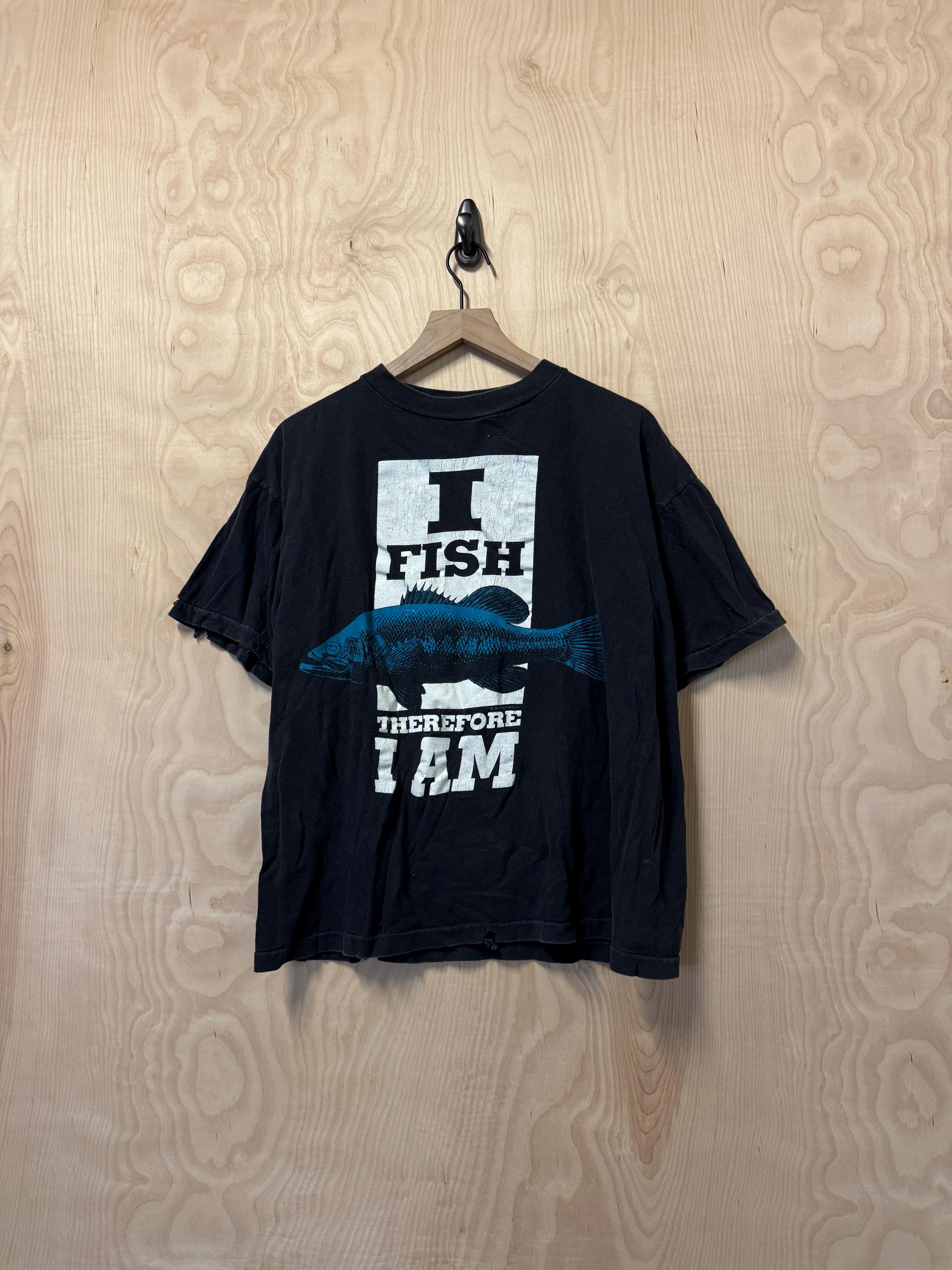 Vintage 90s I Fish Therefore I Am Graphic Black Distressed T Shirt