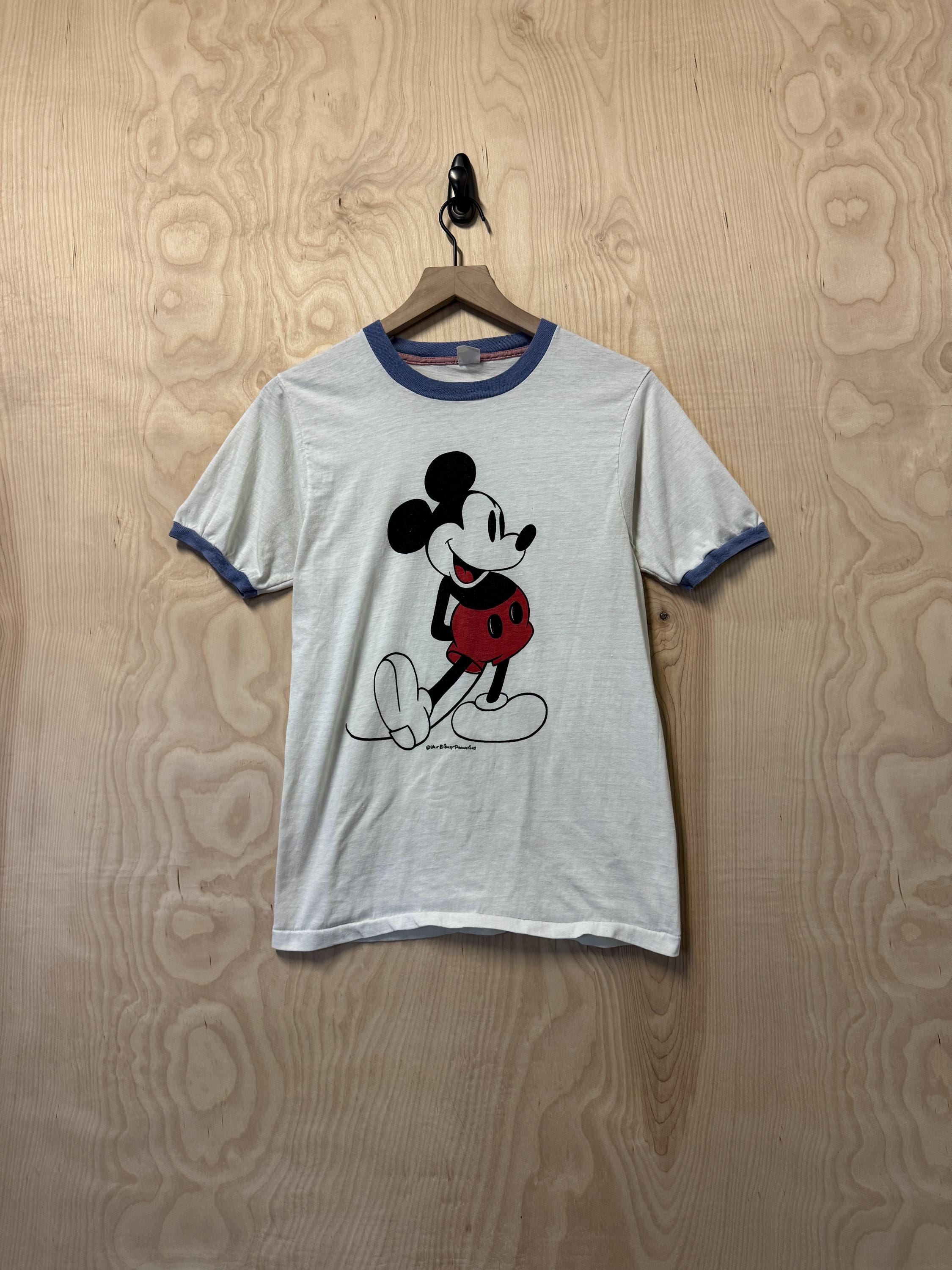 Vintage 70s Mickey Mouse Graphic Tropix White Blue Ringer T Shirt