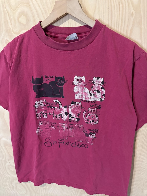 Vintage 90s Cats San Francisco Art Graphic Maroon Cotton T Shirt