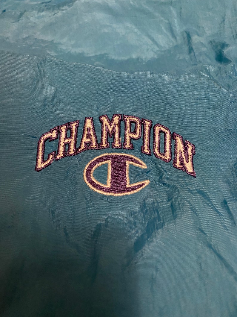 Vintage Champion Teal Purple White Color Block Embroidered Logo Spell Out Light Weight Zip Up Windbreaker Jacket size XL