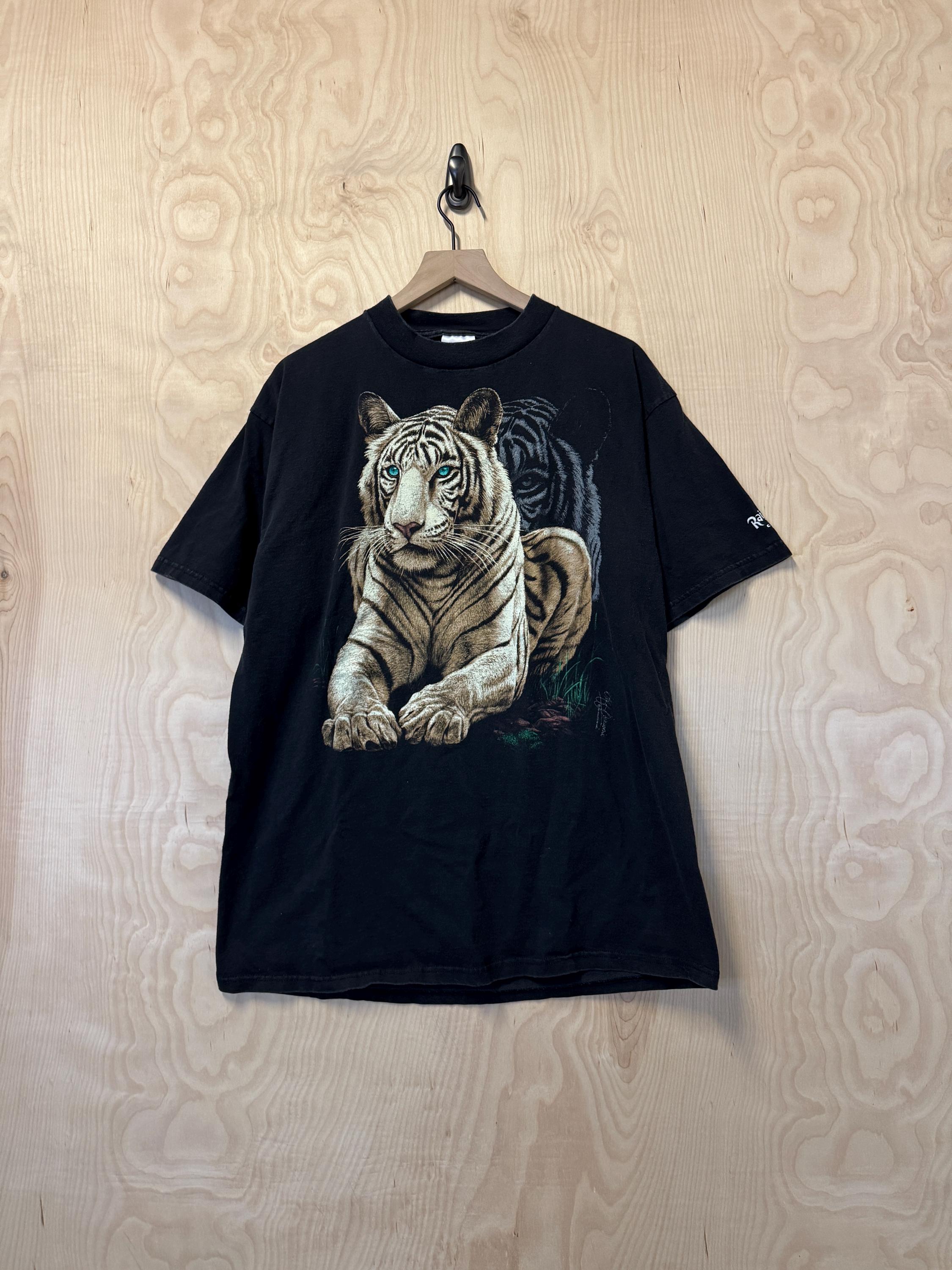 Vintage 90s White Tiger Art Graphic Rainforest Cafe Black Cotton T