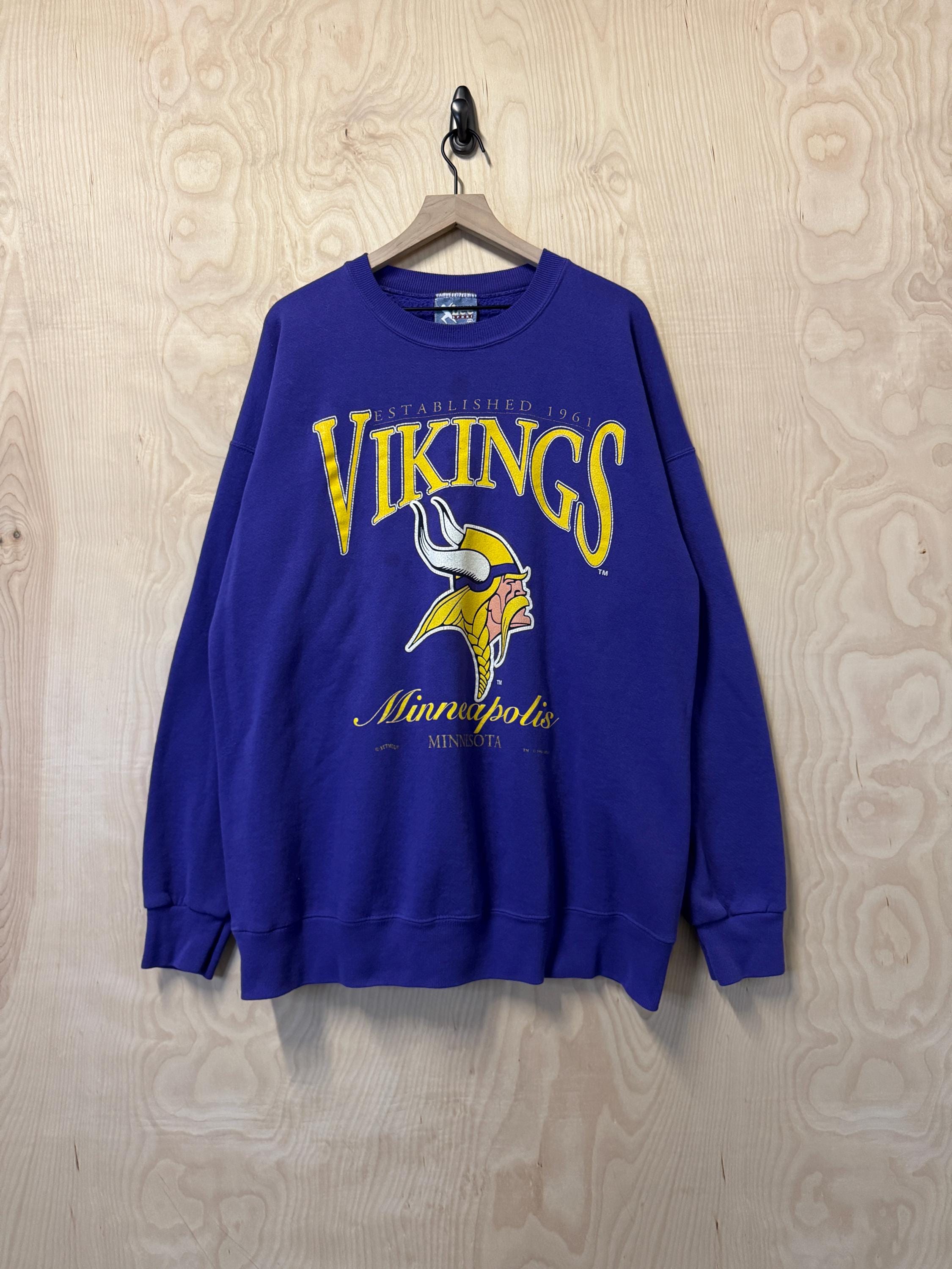 Vintage 90s Minnesota Vikings Spell Out Logo Graphic Purple Crewneck Sweatshirt size XXL