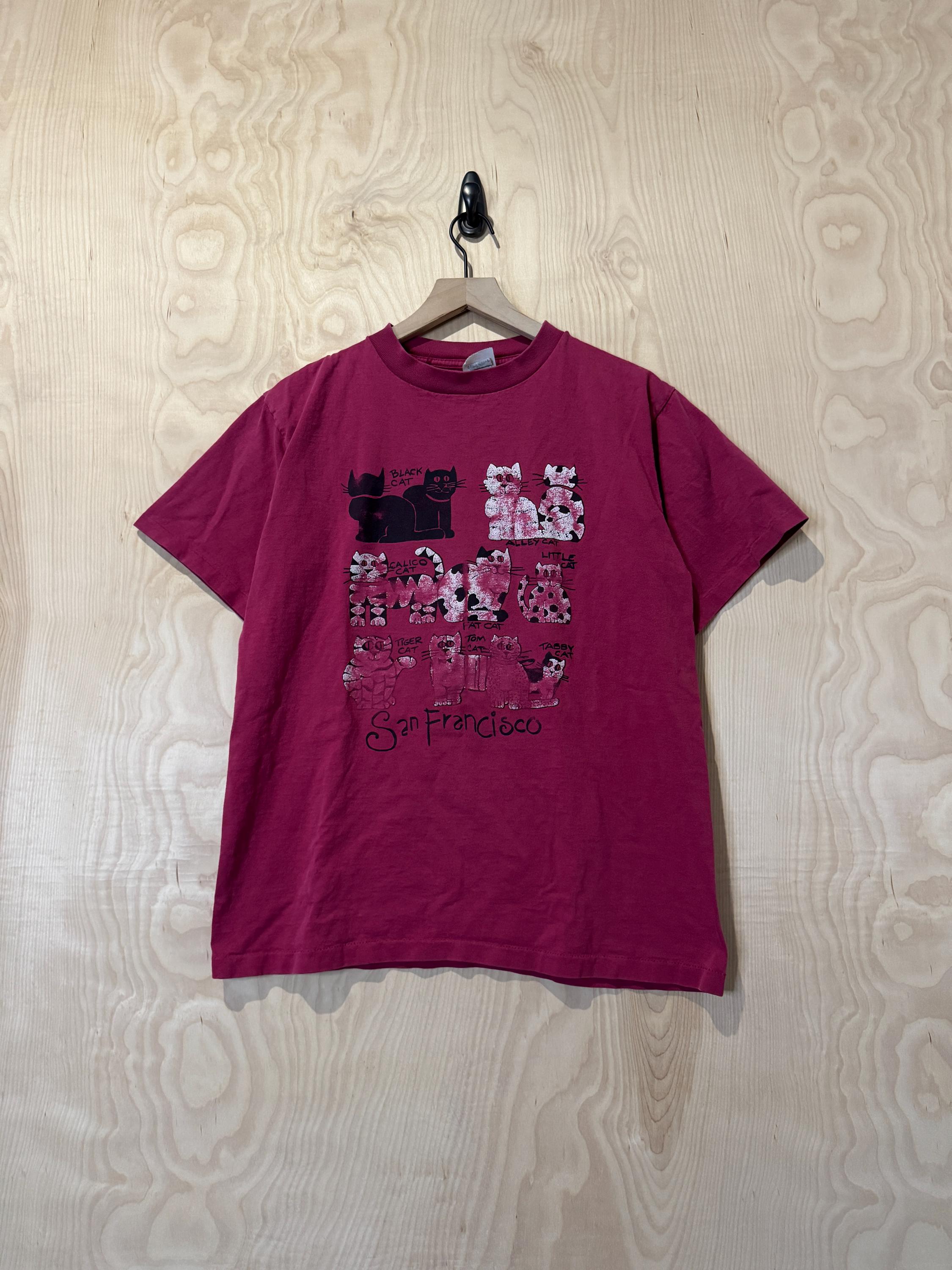 Vintage 90s Cats San Francisco Art Graphic Maroon Cotton T Shirt