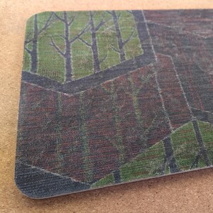 May include: Rectangular mouse mat with a forest scene design. The image features a mix of green, brown, and black colours, with a geometric pattern overlaying the forest. The word "vayakora" is printed in white.