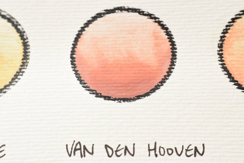 Pu&ograve; includere: Un primo piano di un dipinto ad acquerello di un cerchio color pesca con un contorno nero. Il testo "VAN DEN HOOVEN" &egrave; scritto sotto il cerchio.