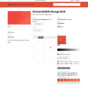 May include: A color chart for Cerium Sulfide Orange dark pigment by van den hooven Pigments. The chart shows the color's position on a Munsell color space diagram, its value scale, and its color notation in CIE Lab and Munsell systems. The pigment is labeled as P075.