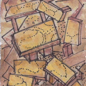 Calzature geta volanti — Giappone Stile giapponese opera d'arte penna inchiostro acquerello pigmenti marroni neutri spessi contorni neri pop art