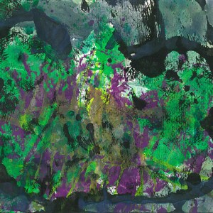 Verde viola nero originale opera d'arte astratta / giungla foresta crescita natura viva edizione limitata A3 mela marrone pittura a inchiostro guazzo