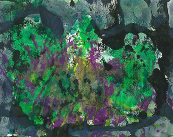 Green purple black original abstract artwork | jungle forest growth nature alive limited edition A3 apple brown gouache ink painting