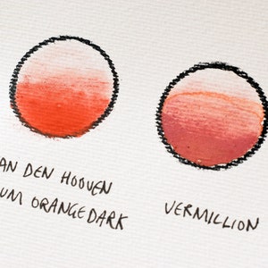 Può includere: Tre campioni di vernice su una superficie bianca. I campioni sono etichettati "Light Cerium Orange", "Van Den Hooven Orange Dark" e "Vermilion".