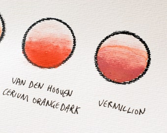 Könnte beinhalten: Drei Farbmuster auf einer weißen Oberfläche. Die Muster sind mit "Light Cerium Orange", "Van Den Hooven Orange Dark" und "Vermilion" beschriftet.