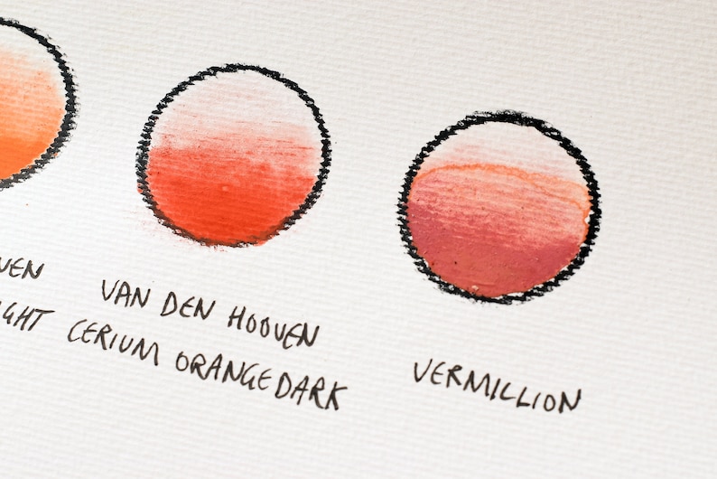 May include: Three paint swatches on a white surface. The swatches are labeled "Light Cerium Orange", "Van Den Hooven Orange Dark", and "Vermilion".