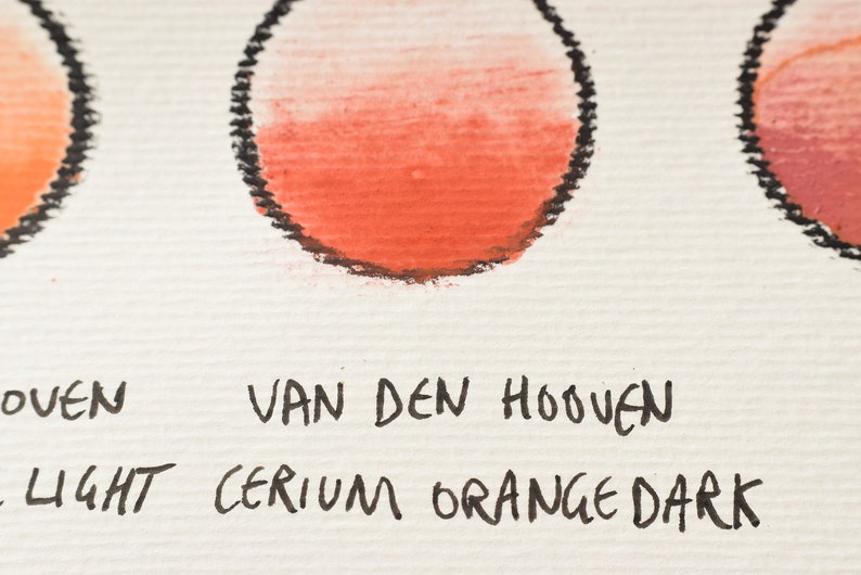 May include: A close-up of a paint swatch card with two orange paint colors. The top swatch is labeled "VAN DEN HOOVEN CERIUM ORANGE DARK".