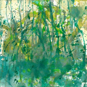 Originale opera d'arte astratta verde / giungla foresta crescita natura viva edizione limitata A3 pittura a inchiostro guazzo marrone mela