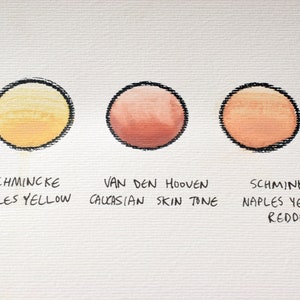 Pu&ograve; includere: Tre campioni di vernice ad acquerello su una superficie bianca testurizzata. I campioni sono etichettati "Schmincke Naples Yellow", "Van Den Hooven Caucasian Skin Tone" e "Schmincke Naples Yellow Reddish".
