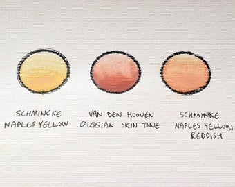 Könnte beinhalten: Drei Aquarell-Farbmuster auf einer weißen, strukturierten Oberfläche. Die Muster sind beschriftet mit "Schmincke Neapelgelb", "Van Den Hooven Kaukasischer Hautton" und "Schmincke Neapelgelb Rötlich".