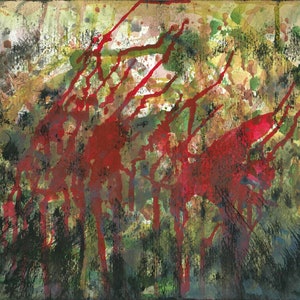 Uomo tagliaerba rosso verde originale opera d'arte astratta / incidente prato natura edizione limitata A3 mela giada gouache inchiostro dipinto sangue