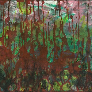 Uomo tagliaerba rosso verde rosa originale opera d'arte astratta / incidente prato natura edizione limitata A3 mela giada gouache inchiostro dipinto sangue