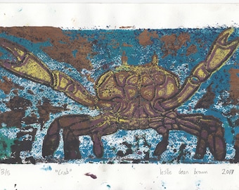 Mud crab impression lino block print art — original limited edition series artwork.
