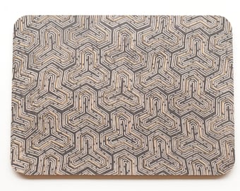 Japanese silk eco mouse pad upcycled kimono fabric brown beige tan zero waste sustainable masculine triangular design pattern mat cork PC
