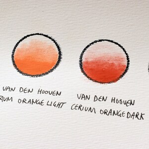 May include: Four paint swatches on a white surface. The swatches are labeled "Jcke Yellow", "Van Den Hooven Cerium Orange Light", "Van Den Hooven Cerium Orange Dark", and "Vermil".