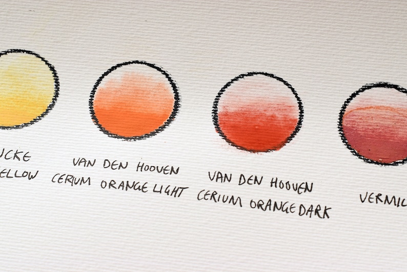 May include: Four paint swatches on a white surface. The swatches are labeled "Jcke Yellow", "Van Den Hooven Cerium Orange Light", "Van Den Hooven Cerium Orange Dark", and "Vermil".