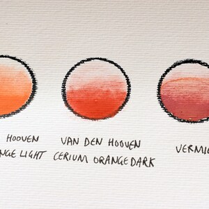 May include: Three paint swatches on a white surface. The swatches are labeled "Van Den Hooven Cerium Orange Light", "Van Den Hooven Cerium Orange Dark", and "Vermilion".