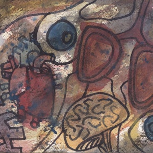 Astratto surrealismo organi occhi iride cuore aorta polmoni trachea bronchi blu viola rosso opaco stile picasso surrealista arte surreale texture