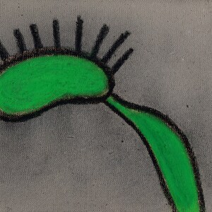 Planta carnívora Venus atrapamoscas de color verde brillante, fondo gris, color pop art, obra de acuarela original, dibujos animados, contornos negros gruesos.