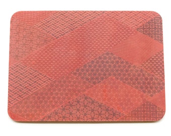 Red Japanese silk eco mouse pad upcycled kimono diamond tile pattern fabric zero waste sustainable cork gaming mat
