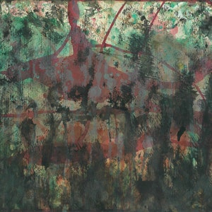 Uomo tagliaerba rosso verde originale opera d'arte astratta / incidente prato natura edizione limitata A3 mela giada gouache inchiostro dipinto sangue