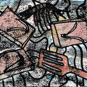 Opera d'arte surrealista astratta che vola calzature giapponesi geta spatola gambero gamberetti studio linee rosa nere texture su carta per acquerello Arches