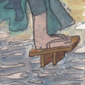 May include: A watercolor painting of a person's leg wearing a traditional Japanese wooden sandal, called a geta, standing on a platform over a blue and gray water surface.