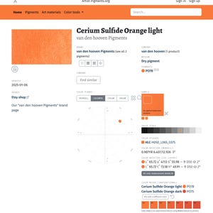 K&ouml;nnte beinhalten: Ein Farbkarte, die die Farbe Cerium Sulfide Orange light zeigt, ein leuchtendes Orangepigment, der Marke van den hooven Pigments. Die Karte enth&auml;lt Farbkoordinaten, Farbatlanten und eine Wertskala.