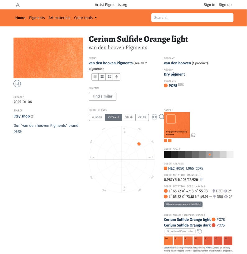 K&ouml;nnte beinhalten: Ein Farbkarte, die die Farbe Cerium Sulfide Orange light zeigt, ein leuchtendes Orangepigment, der Marke van den hooven Pigments. Die Karte enth&auml;lt Farbkoordinaten, Farbatlanten und eine Wertskala.