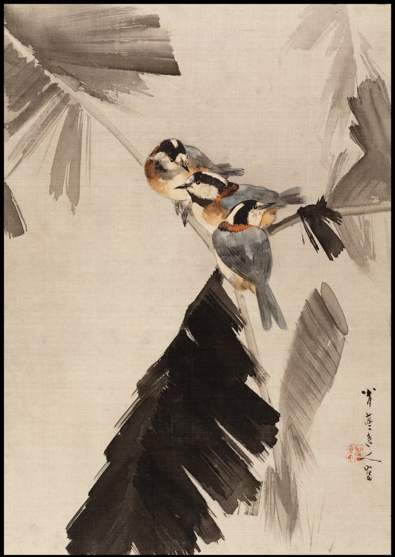Birds Japanese Print Birds on Branch Birds Ink Drawing | Etsy