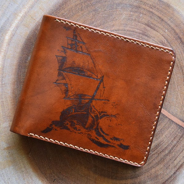 Sailing boat leather men wallet, ocean sea pattern wallet, RFID leather wallet, customized gift for men, birthday gift, xmas present for him