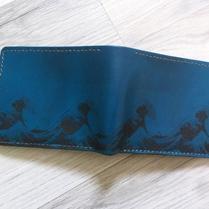 Cartera de cuero genuino para hombre con diseño japonés de ondas Hokusai, billetera plegable, regalo personalizado para papá, regalo de cumpleaños para novio