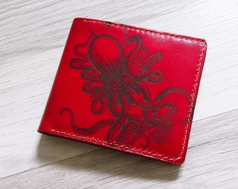 Customized genuine leather handmade Octopus wallet, Giant monster Kraken men wallet, leather anniversary christmas gift idea for men 2020