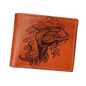 Customized koi fish drawing men wallet, genuine leather gift for men, personalized fish art present, Koi Japan gift for boyfriend, husband
