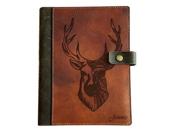 Deer head geometric leather journal cover, custom leather notebook cover, leather planner, business leather portfolio, legal padfolio gift