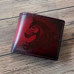 Cartera de cuero para hombre con dibujo de caballo, ideas de regalo con dibujo de caballo, cartera de caballo grabada a medida, regalo personalizado para novio, esposo, regalo de Navidad para hombre