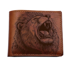 Cartera plegable de cuero con rugido de león, cartera con grabado personalizado, cartera con arte de dibujo de león, regalo de arte de león, idea de regalo de león para él, regalo de Navidad para papá