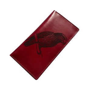 Cartera de cuero con estampado animal, regalo para hombre con diseño de pájaro, regalo artístico con dibujo de loro, regalo para amantes de las aves, cartera larga de cuero personalizada