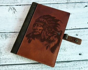 Native Americans chief leather journal, Native Indian chief pattern gift ideas, leather anniversary gift for men, tribal art leather journal